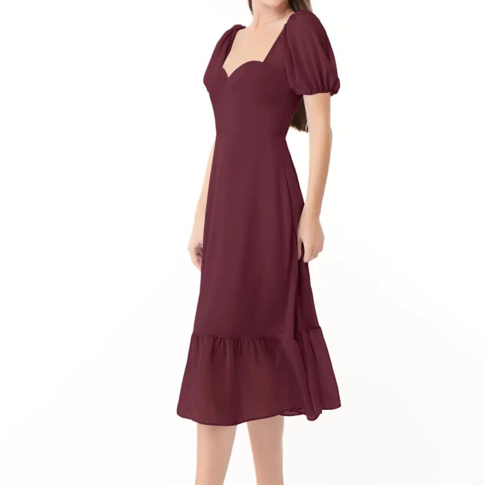 Azazie Baby Cabernet Midi Bridesmaid Dress Puff Sleeves Sweetheart Neck Size 6 - Picture 3 of 11